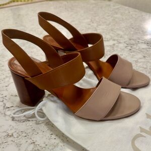 Chloe Brown and Blush Leather Block Heel Sandals- 39- Authenticated!